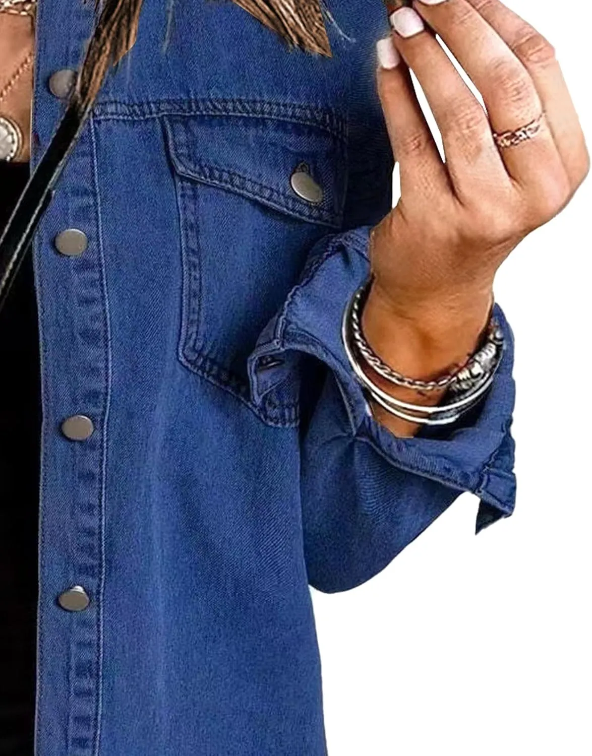 Womens Oversized Button Up Frayed Hem Shacket Long Sleeve Pockets Denim Jean Jacket 2025 Y2K Trendy
