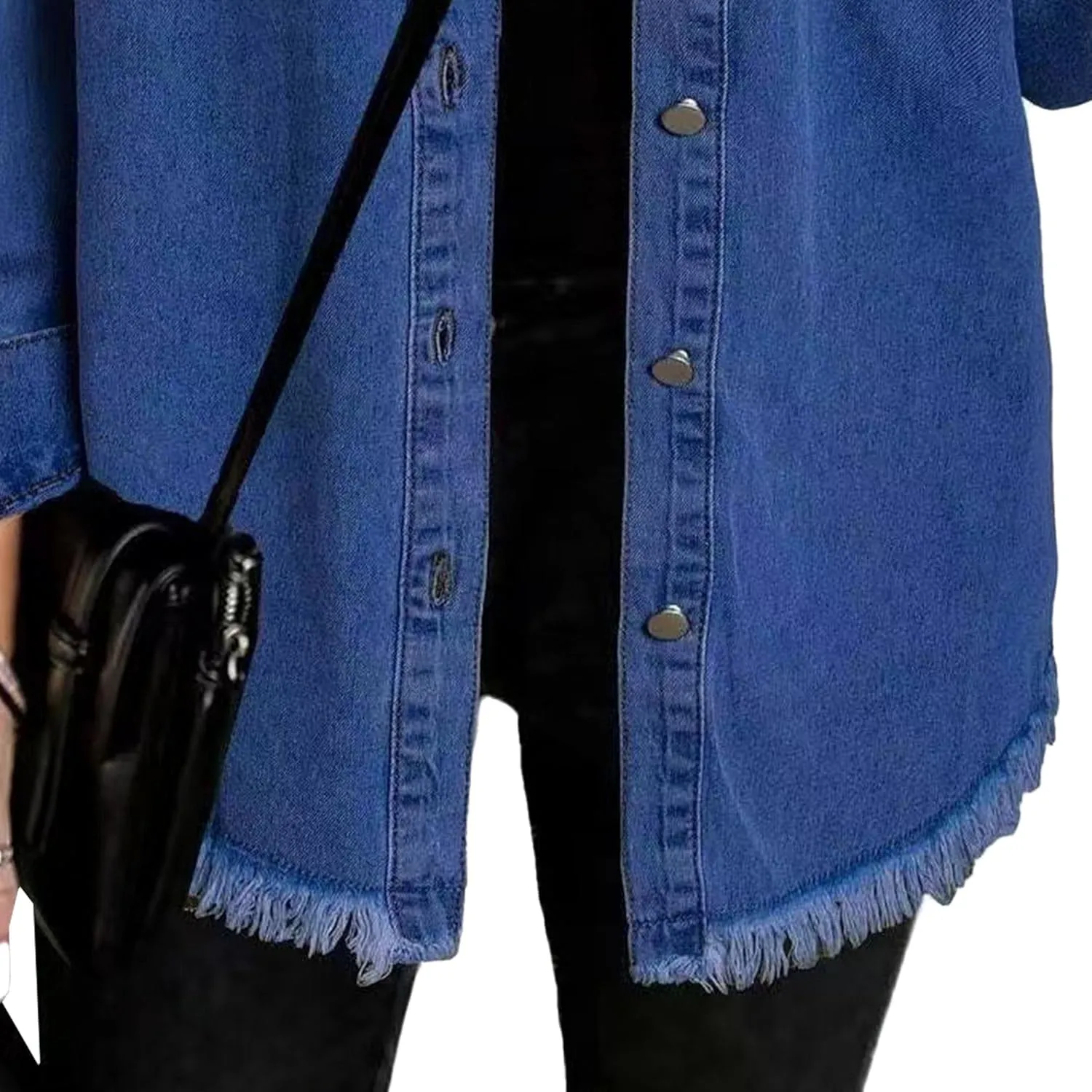 Womens Oversized Button Up Frayed Hem Shacket Long Sleeve Pockets Denim Jean Jacket 2025 Y2K Trendy