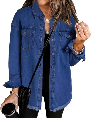 Womens Oversized Button Up Frayed Hem Shacket Long Sleeve Pockets Denim Jean Jacket 2025 Y2K Trendy