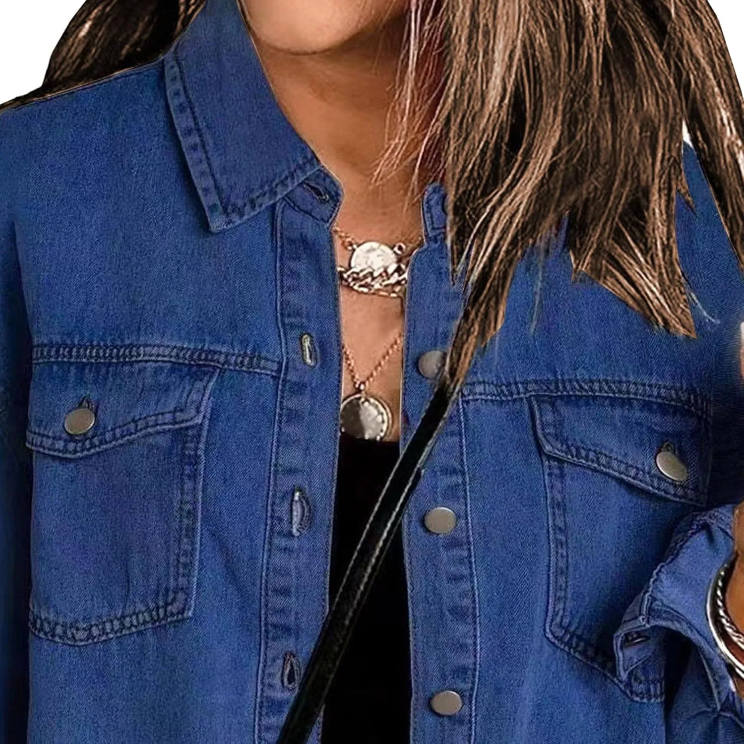 Womens Oversized Button Up Frayed Hem Shacket Long Sleeve Pockets Denim Jean Jacket 2025 Y2K Trendy