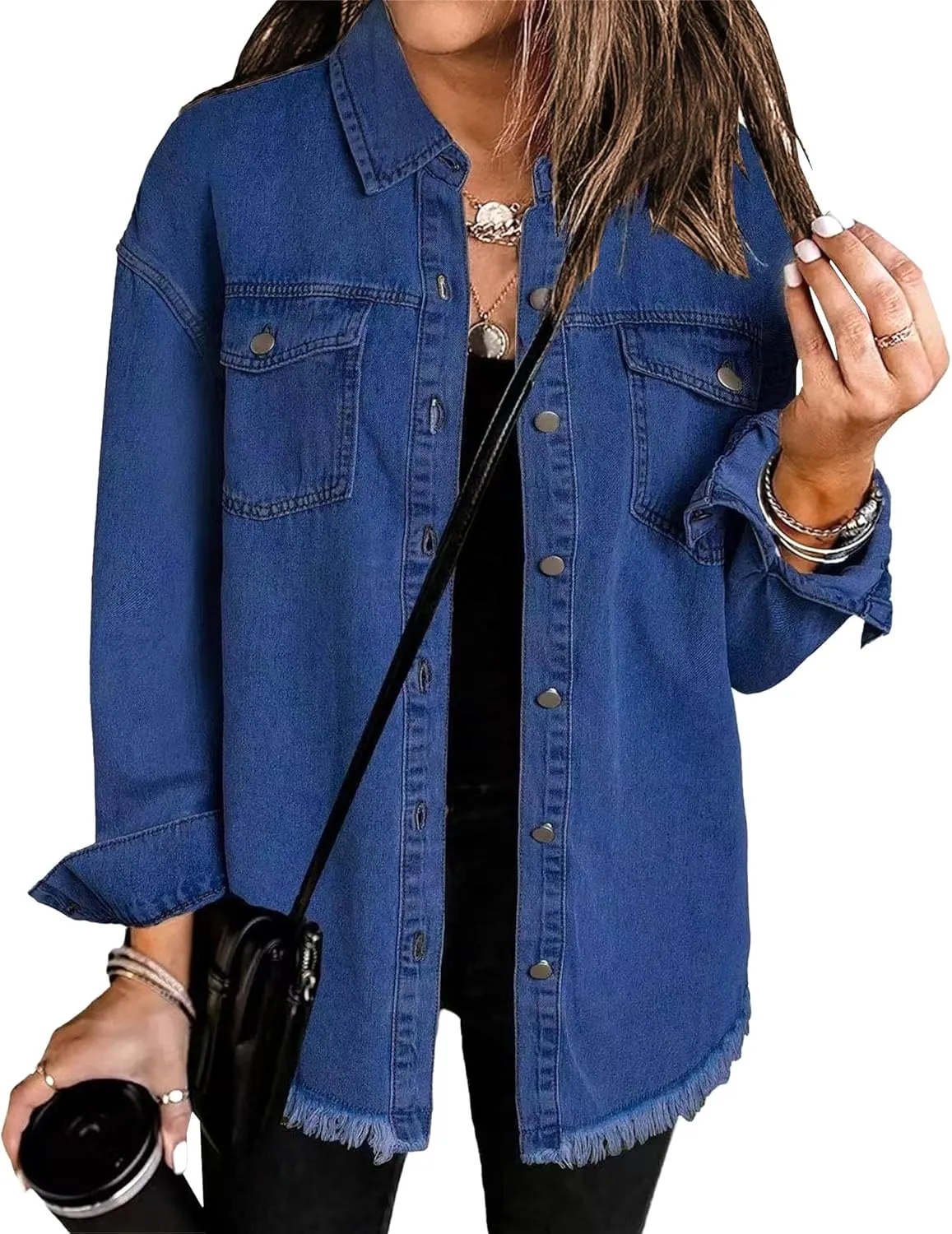 Womens Oversized Button Up Frayed Hem Shacket Long Sleeve Pockets Denim Jean Jacket 2025 Y2K Trendy