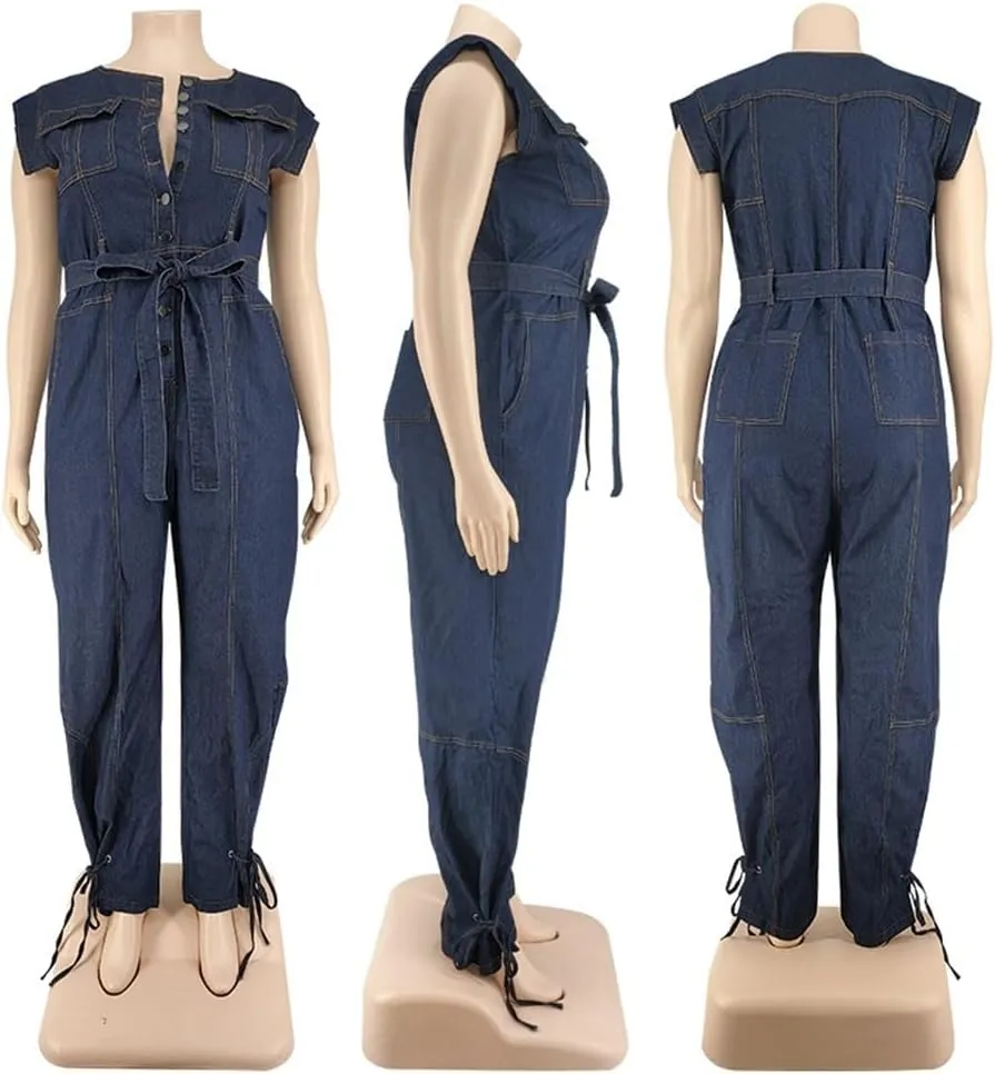 Women's Plus Size Sexy Washed Denim Jumpsuits Round Neck Short Sleeves Long Pants Rompers Fashion Trend Streetwear