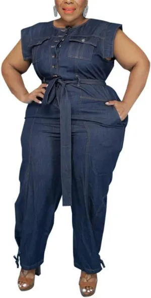 Women's Plus Size Sexy Washed Denim Jumpsuits Round Neck Short Sleeves Long Pants Rompers Fashion Trend Streetwear