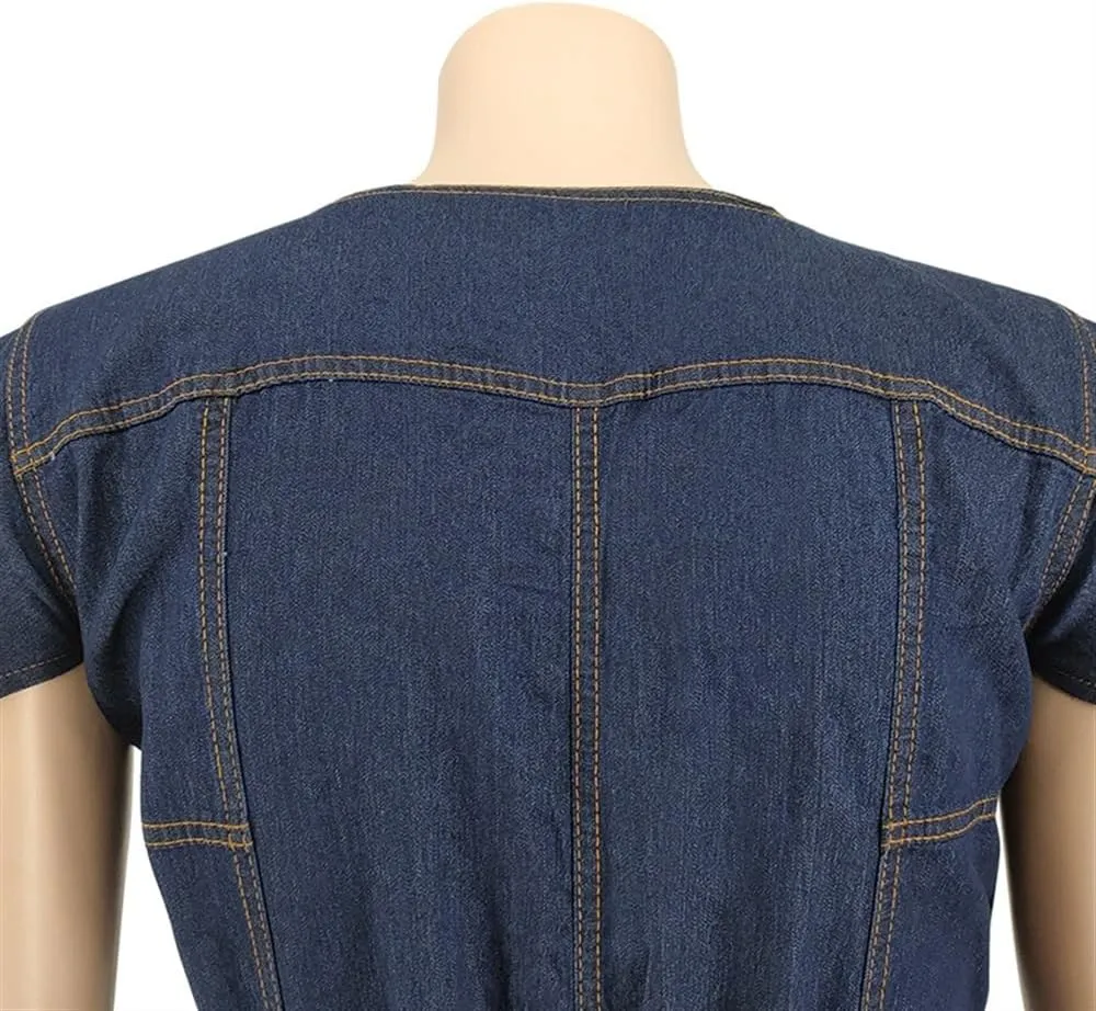 Women's Plus Size Sexy Washed Denim Jumpsuits Round Neck Short Sleeves Long Pants Rompers Fashion Trend Streetwear