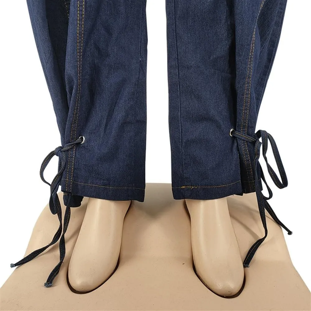 Women's Plus Size Sexy Washed Denim Jumpsuits Round Neck Short Sleeves Long Pants Rompers Fashion Trend Streetwear