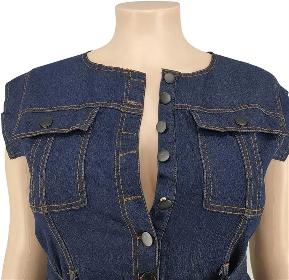Women's Plus Size Sexy Washed Denim Jumpsuits Round Neck Short Sleeves Long Pants Rompers Fashion Trend Streetwear