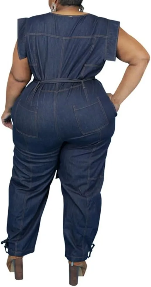 Women's Plus Size Sexy Washed Denim Jumpsuits Round Neck Short Sleeves Long Pants Rompers Fashion Trend Streetwear
