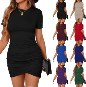 Womens Ruched Fitted Bodycon Mini Dress Short Sleeve Crewneck Tshirt Dresses Short Tight Dress Casual Sheath Dress