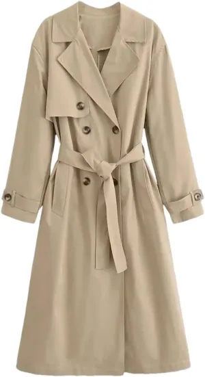 Women's Vintage Double-Breasted Trench Coat Belted Lapel Neck Jacket Long Sleeves Outerwear