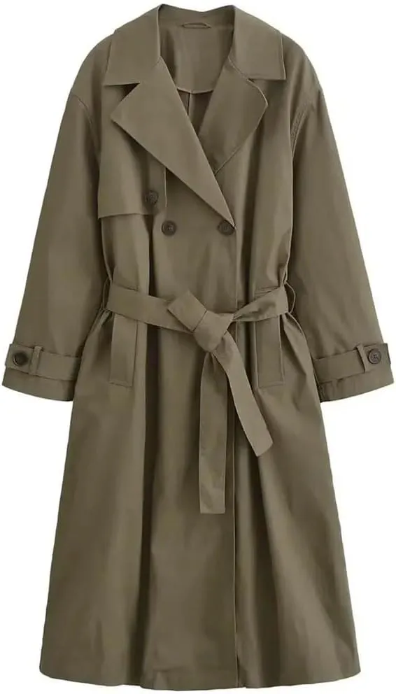 Women's Vintage Double-Breasted Trench Coat Belted Lapel Neck Jacket Long Sleeves Outerwear