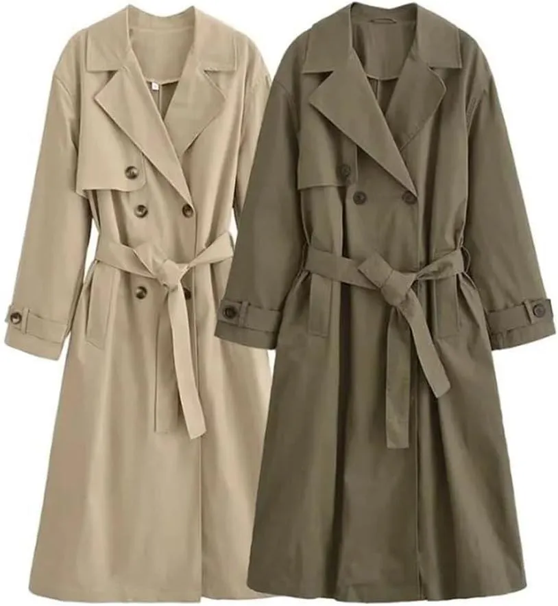 Women's Vintage Double-Breasted Trench Coat Belted Lapel Neck Jacket Long Sleeves Outerwear