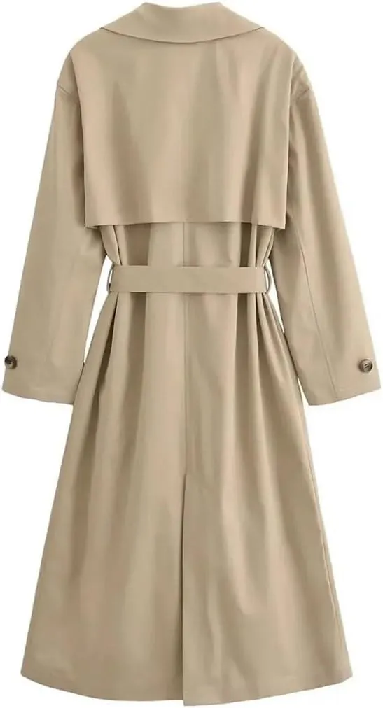 Women's Vintage Double-Breasted Trench Coat Belted Lapel Neck Jacket Long Sleeves Outerwear