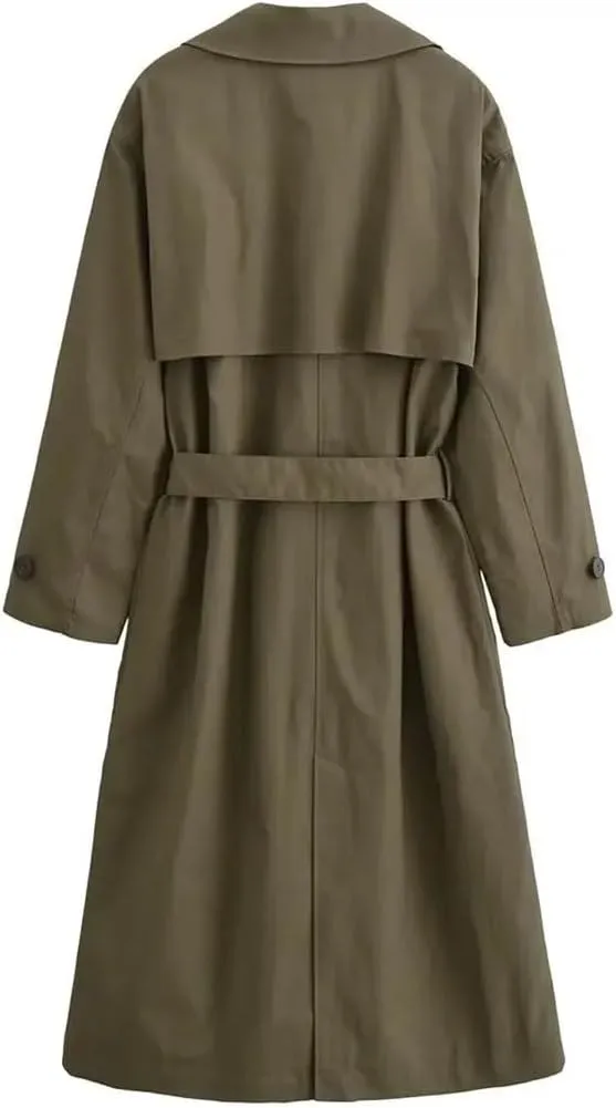 Women's Vintage Double-Breasted Trench Coat Belted Lapel Neck Jacket Long Sleeves Outerwear