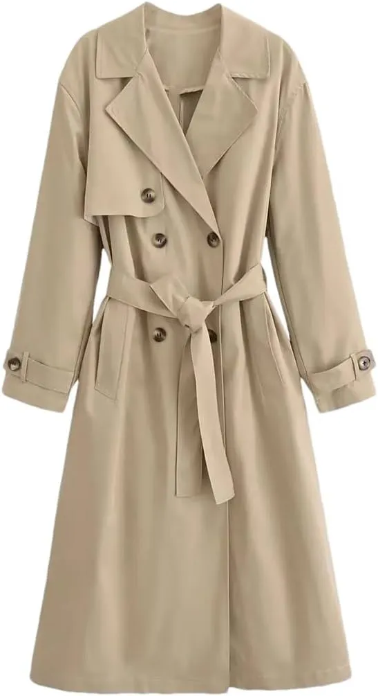 Women's Vintage Double-Breasted Trench Coat Belted Lapel Neck Jacket Long Sleeves Outerwear