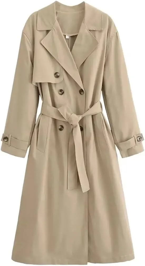 Women's Vintage Double-Breasted Trench Coat Belted Lapel Neck Jacket Long Sleeves Outerwear