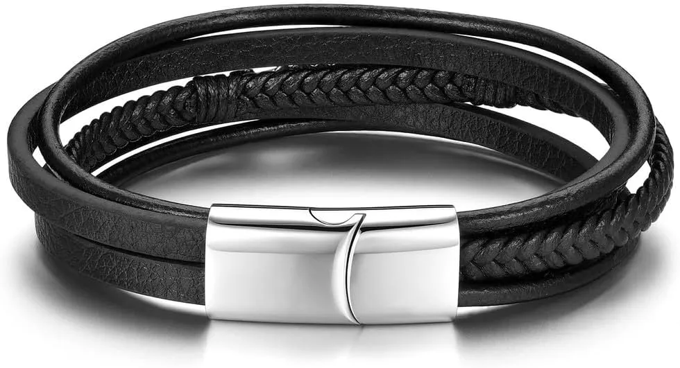 Zysta Men's Feather Bracelet Punk Leather Cuff Bracelet Black Genuine Multi-Layer Braided Leather Cuff Bracelet with Stainless Steel Clasp Inspired Jewelry Wristband Bangle for Men
