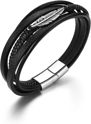 Zysta Men's Feather Bracelet Punk Leather Cuff Bracelet Black Genuine Multi-Layer Braided Leather Cuff Bracelet with Stainless Steel Clasp Inspired Jewelry Wristband Bangle for Men